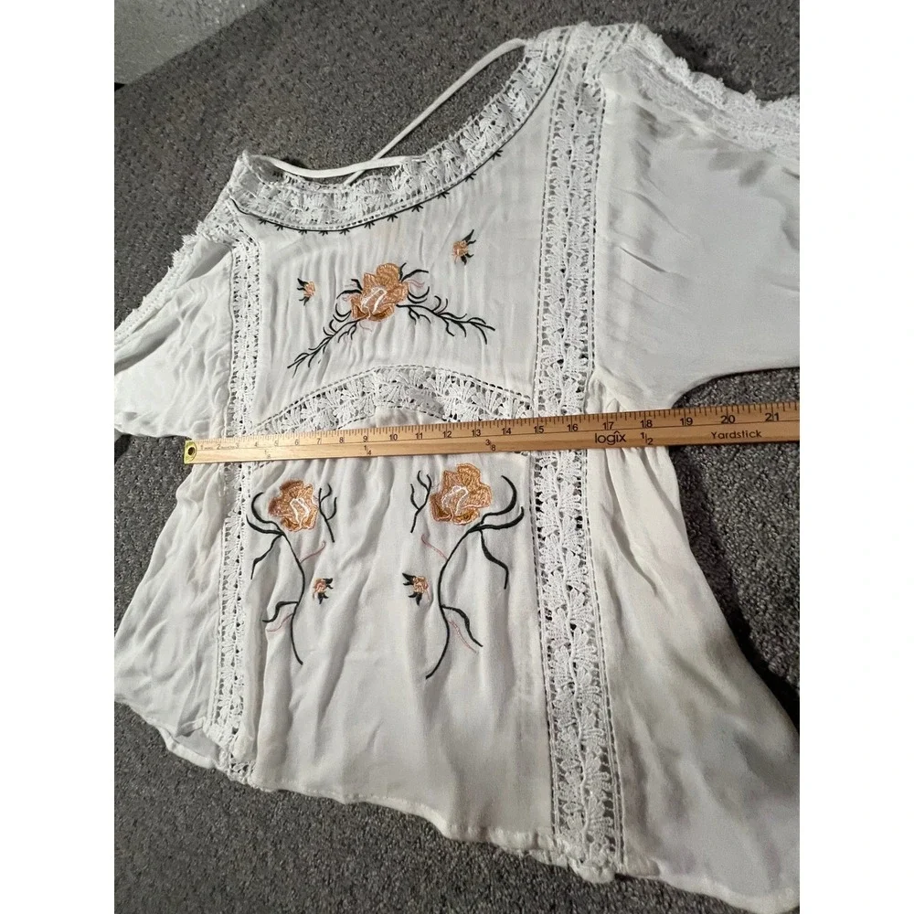 POL Embroidered Floral Lace Blouse Women S White WFT45 Boho Crochet Pintuck Top - Picture 7 of 9